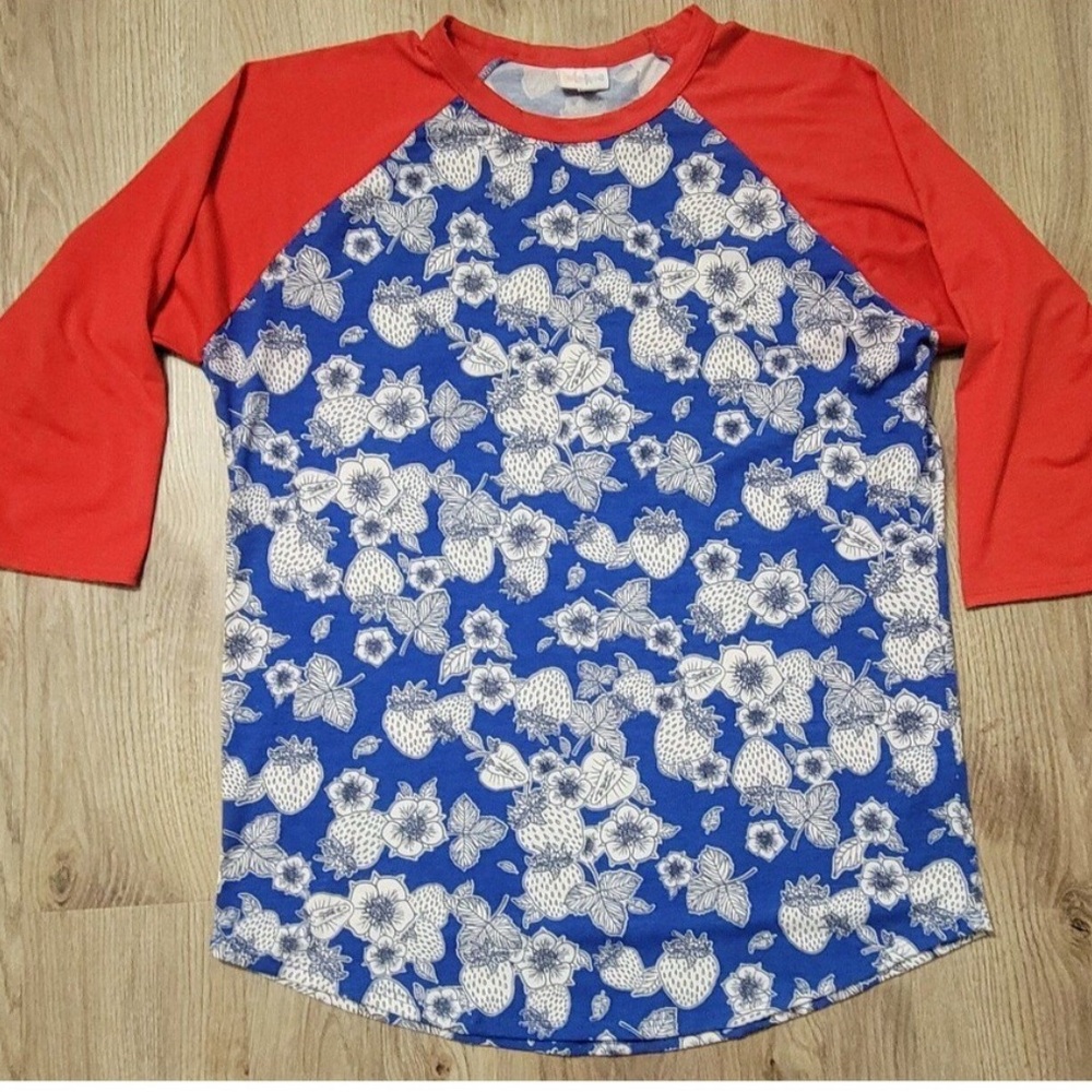 LuLaRoe Women’s Strawberry Raglan Shirt - Red & Blue